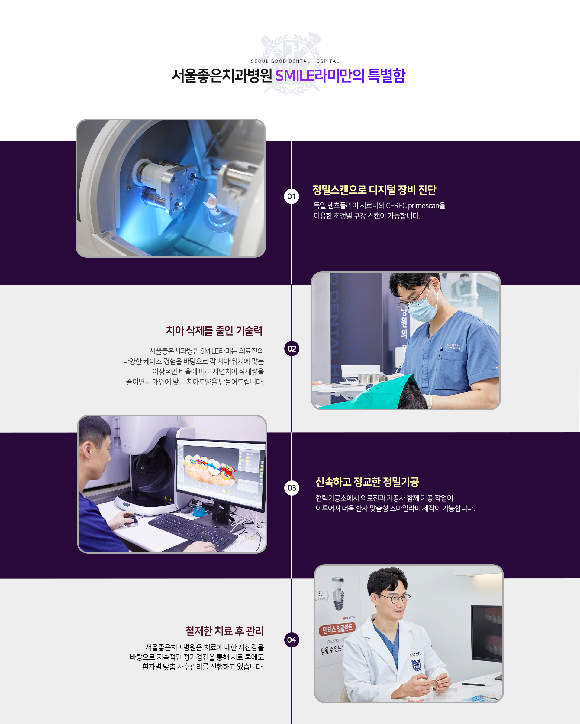 서울좋은치과병원-SMILE라미만의-특별함-특별함1-정밀스캔으로-디지털-장비-진단-특별함2-치아-삭제를-줄인-기술력-특별함3-신속하고-정교한-정밀기공-특별함4-철저한-치료-후-관리